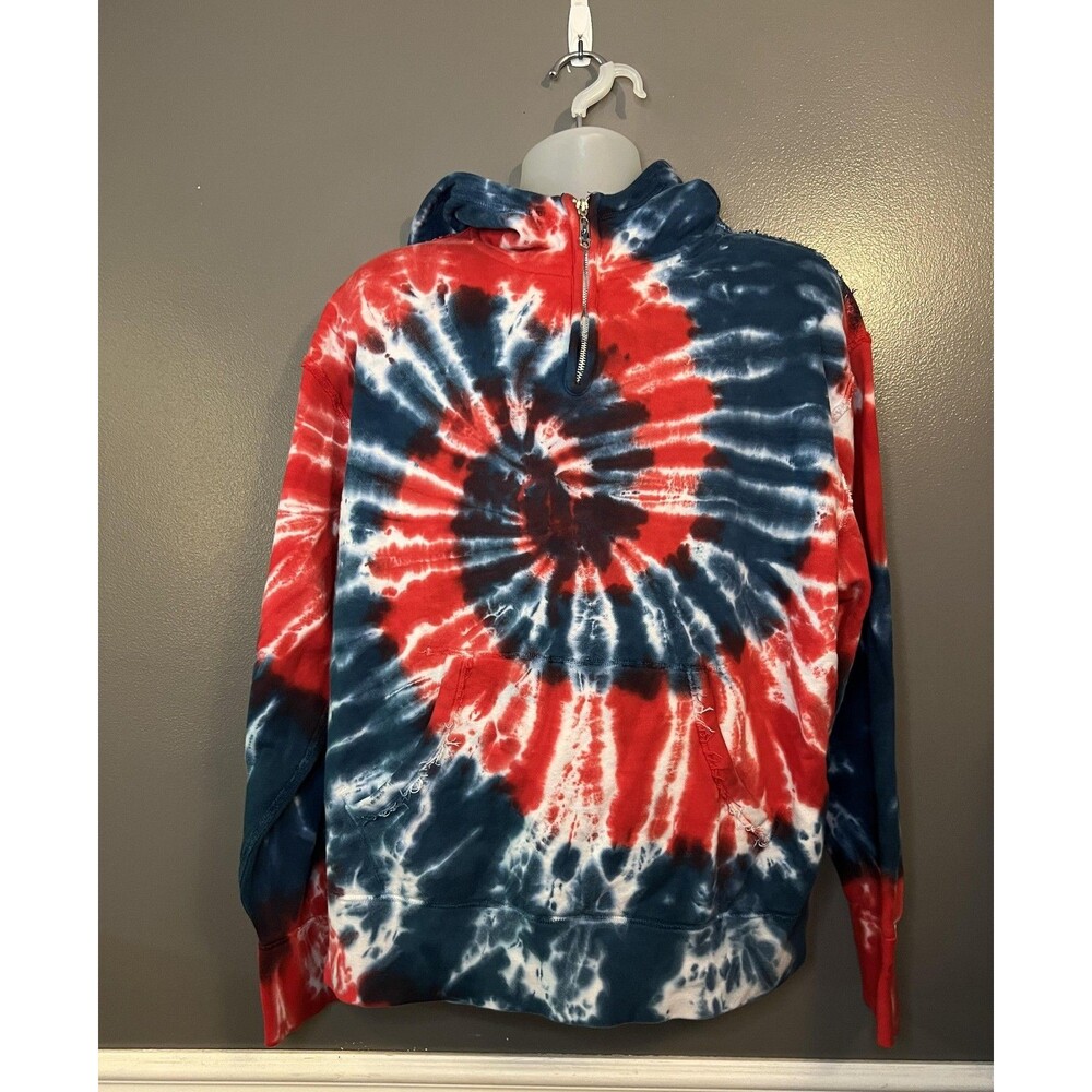 Tie Dye Quarter Zip Hoodie Mens Medium Red White Blue Kangaroo Pocket